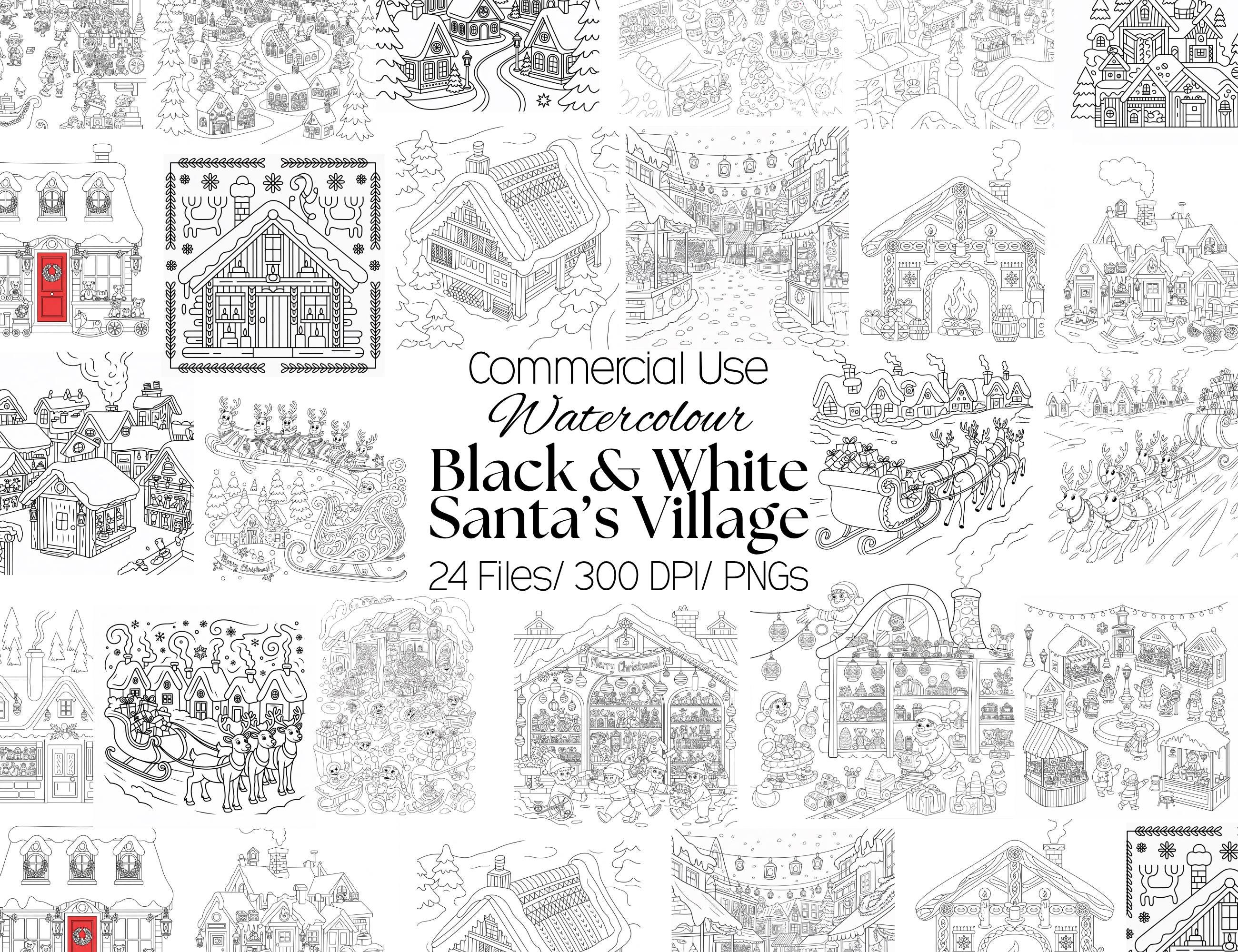 24 Black & White Santa’s Village Colouring Clip Art – MSHIHEART Digital Download
