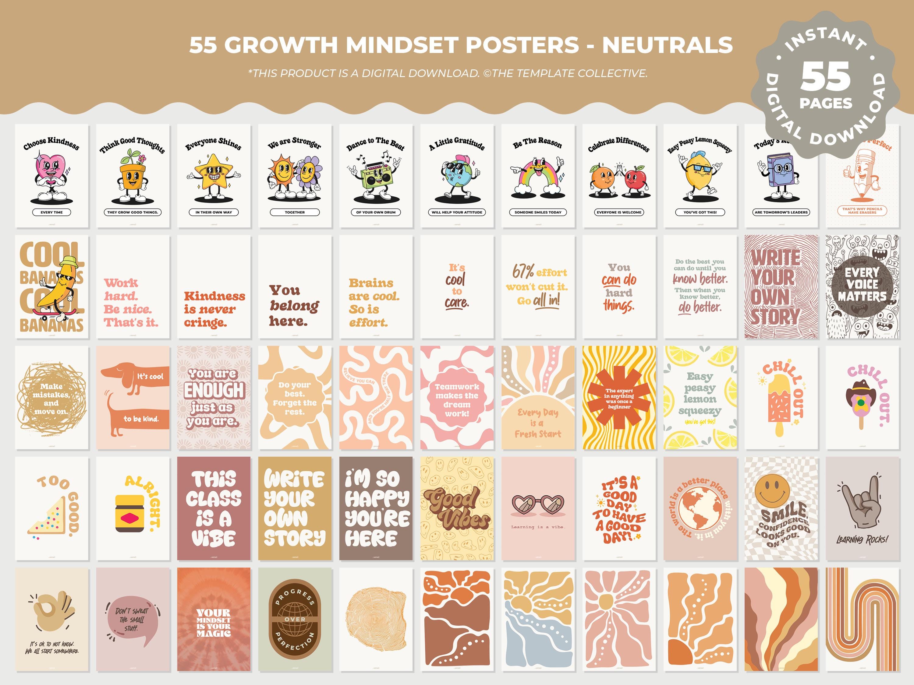 55 Growth Mindset Posters • Neutral Aesthetic Classroom Decor • Digital Download • Positive Affirmation Bulletin Board • Quotes for Kids