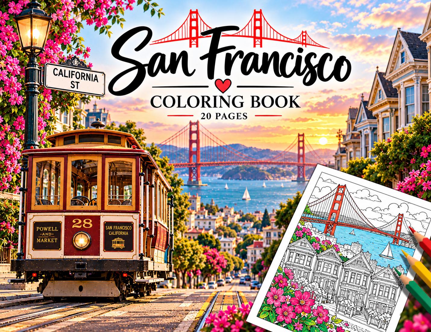 San Francisco Coloring Book, 20 Printable Coloring Pages, Instant Download PDF
