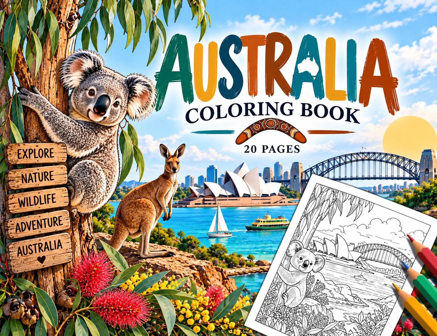 Australia Coloring Book, 20 Printable Coloring Pages, Instant Download PDF