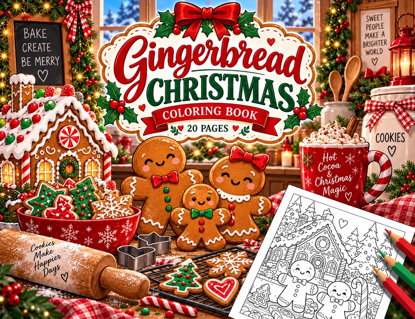 Gingerbread Christmas Coloring Book, 20 Printable Christmas Coloring Pages, Instant Download PDF