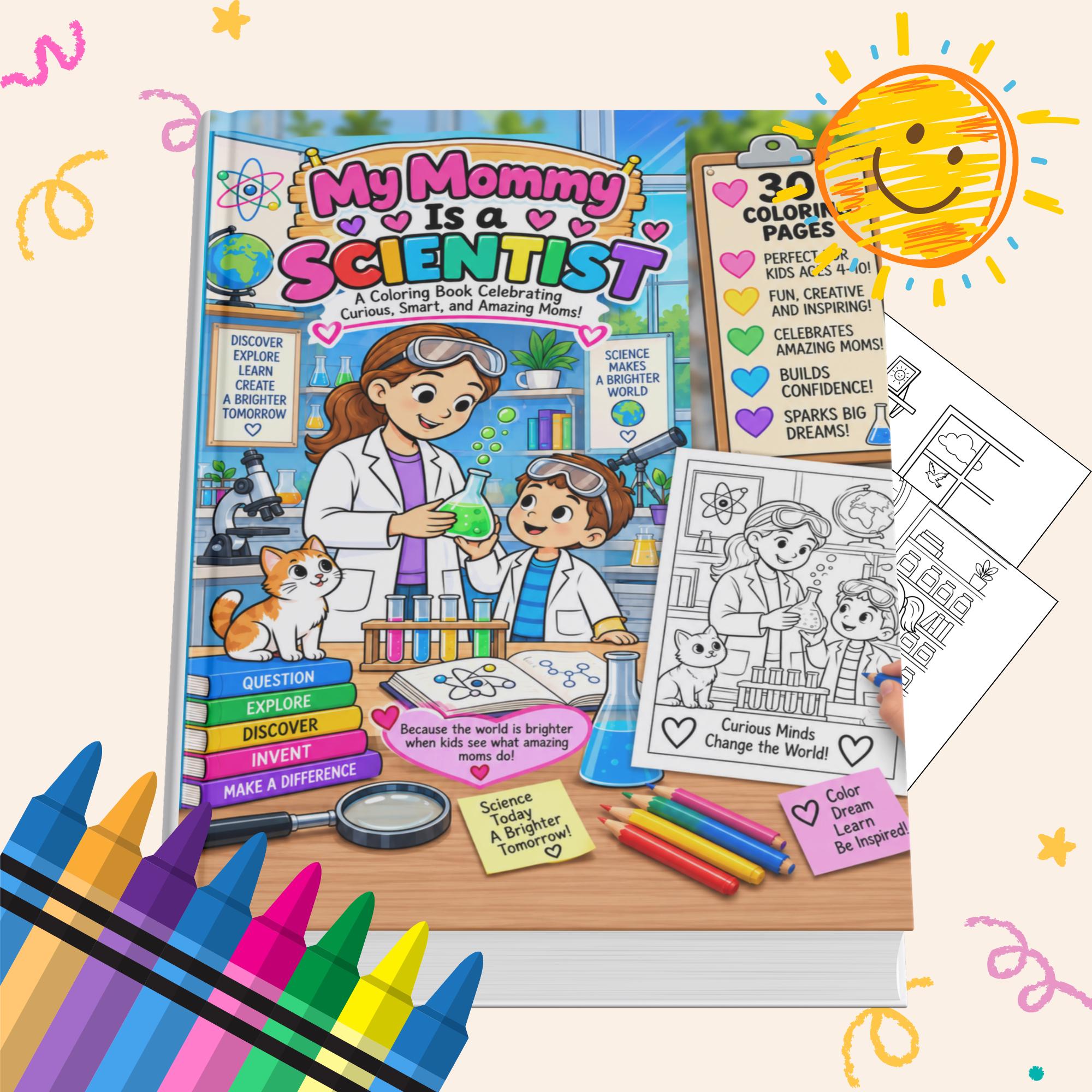 My Mommy Is a Scientist Coloring Book for Kids, Printable Coloring Pages, Screen Free Activity, Instant Download PDF