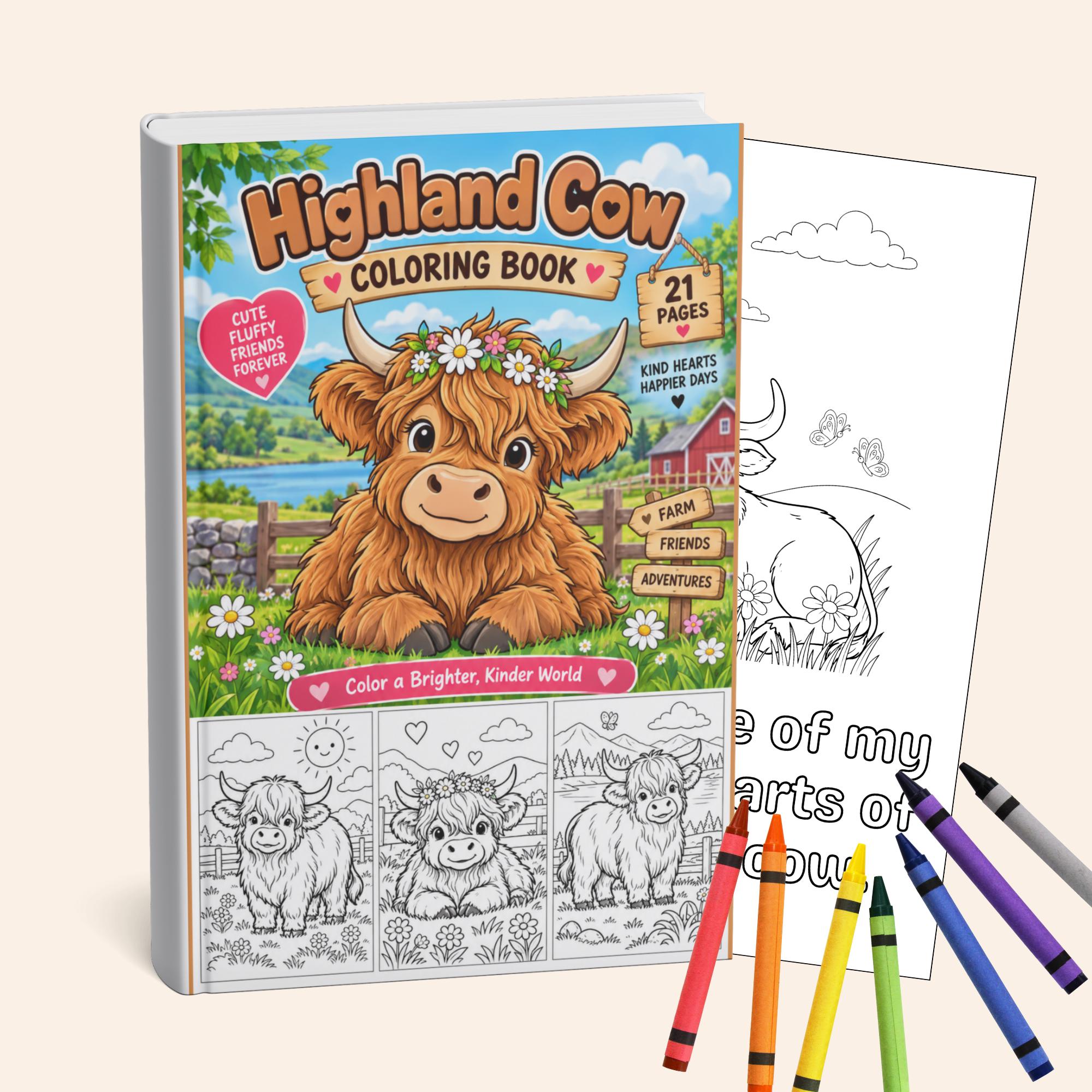 Highland Cow Coloring Book for Kids, Cute Animal Coloring Pages, Printable Activity, Instant Download PDF
