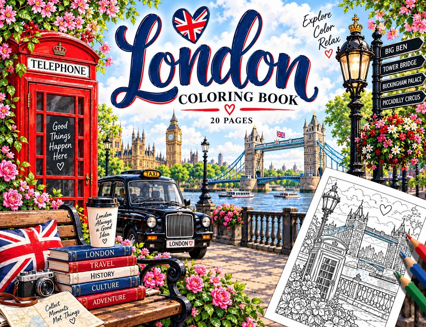 London Coloring Book, 20 Printable Coloring Pages, Instant Download PDF