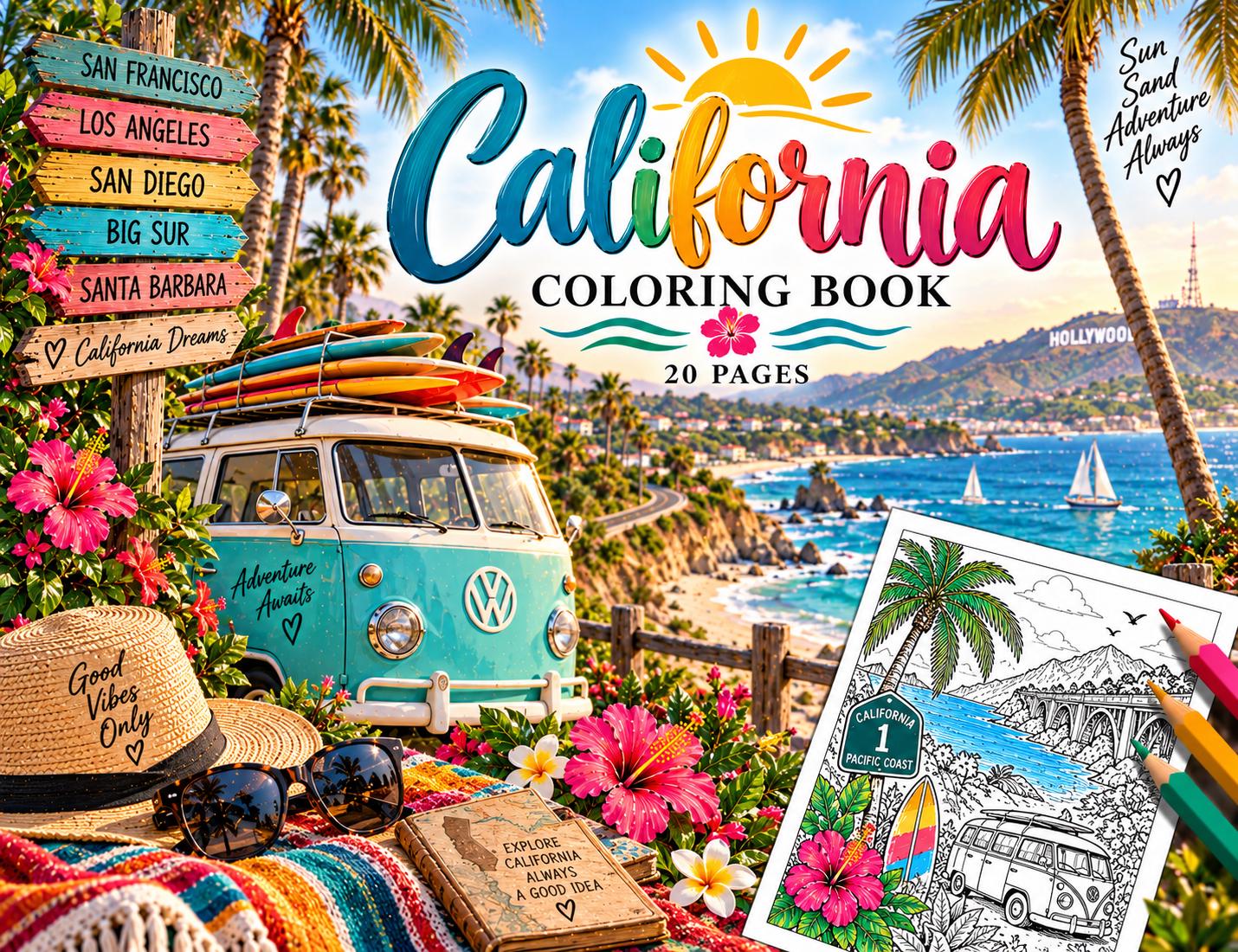 California Coloring Book, 20 Printable Coloring Pages, Instant Download PDF