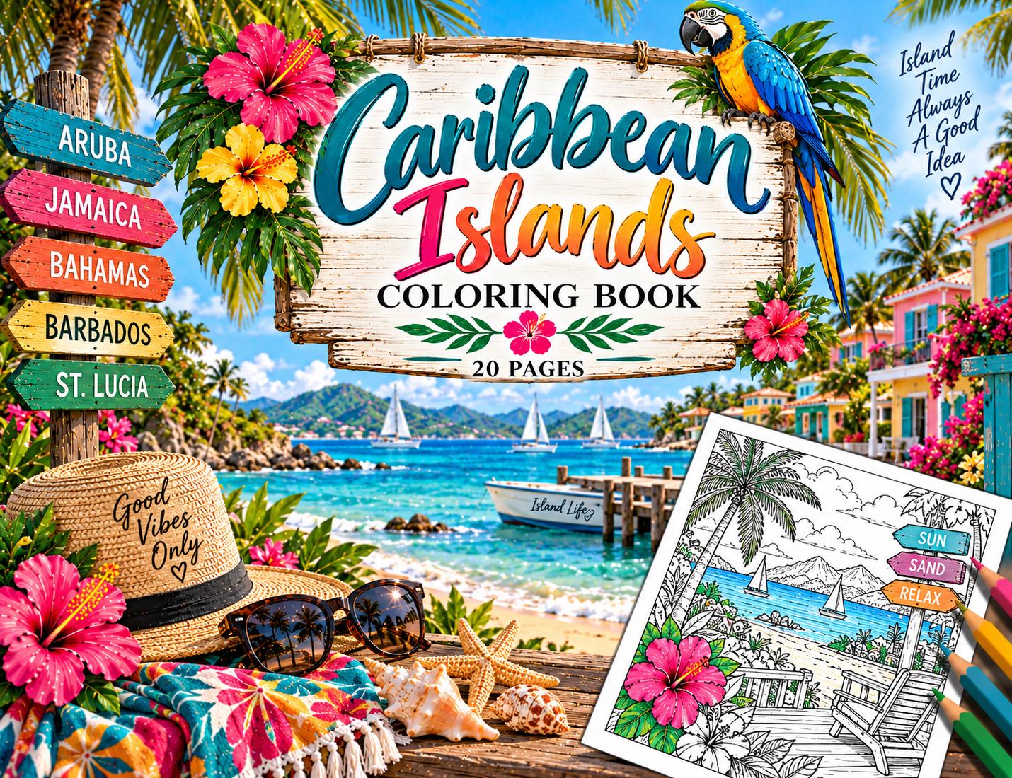 Caribbean Islands Coloring Book, 20 Printable Coloring Pages, Instant Download PDF