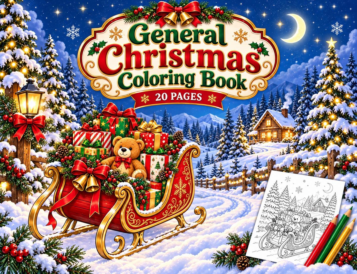 General Christmas Coloring Book, 20 Printable Christmas Coloring Pages, Instant Download PDF