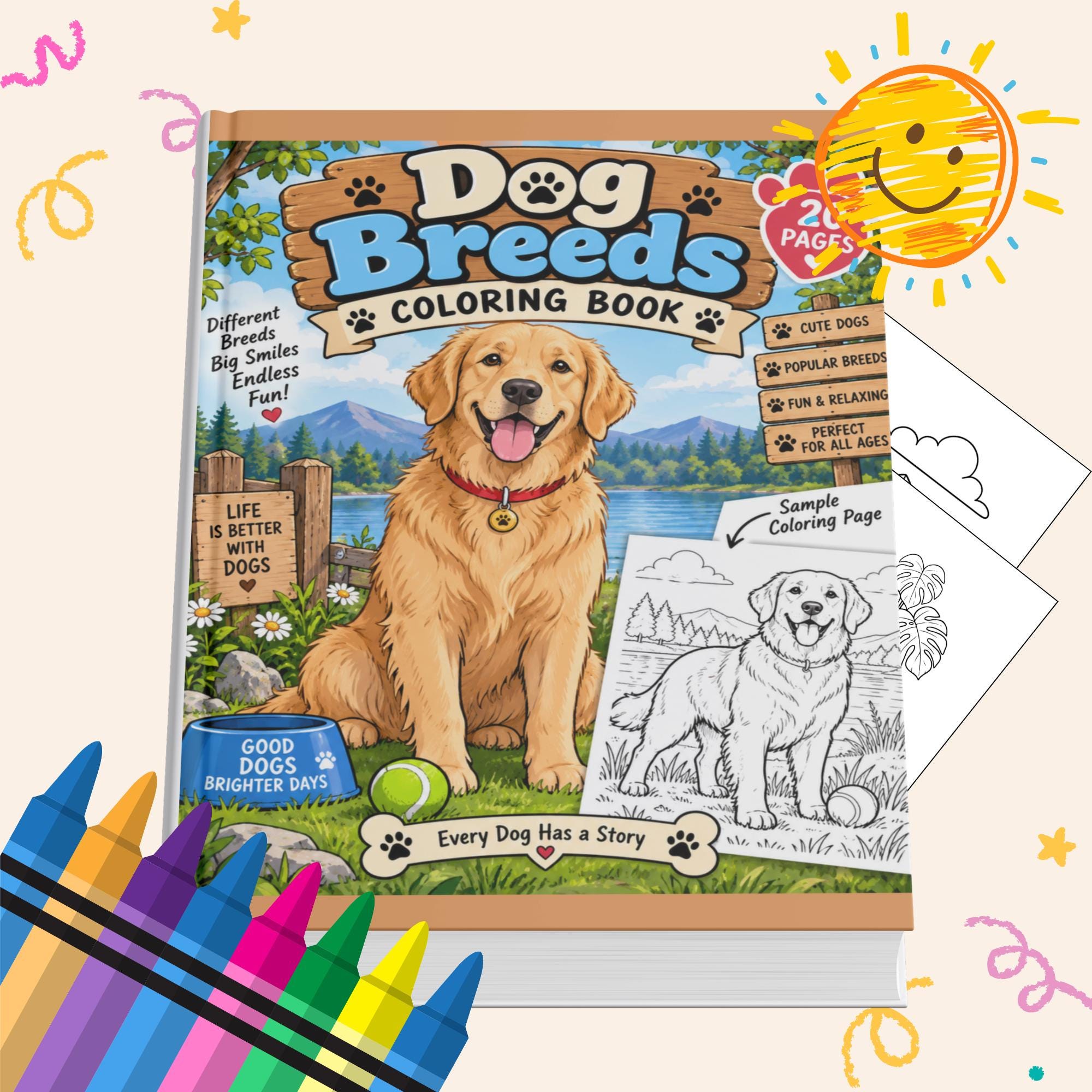 Dog Breeds Coloring Book, Printable Coloring Pages for Kids And Dog Lovers, Fun Activity, Instant Download PDF