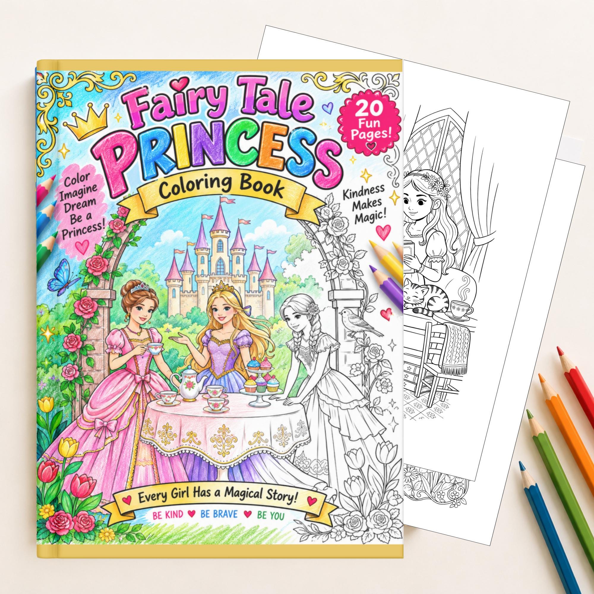 Fairy Tale Princess Coloring Book, Printable Coloring Pages for Kids Ages 4–8, Fun Activity, Instant Download PDF