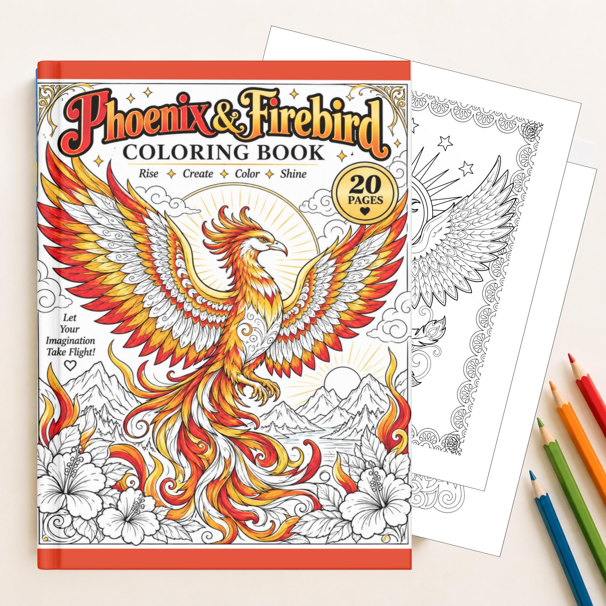 Phoenix Firebird Coloring Book, Printable Coloring Pages for Teens And Adults, Fun Activity, Instant Download PDF