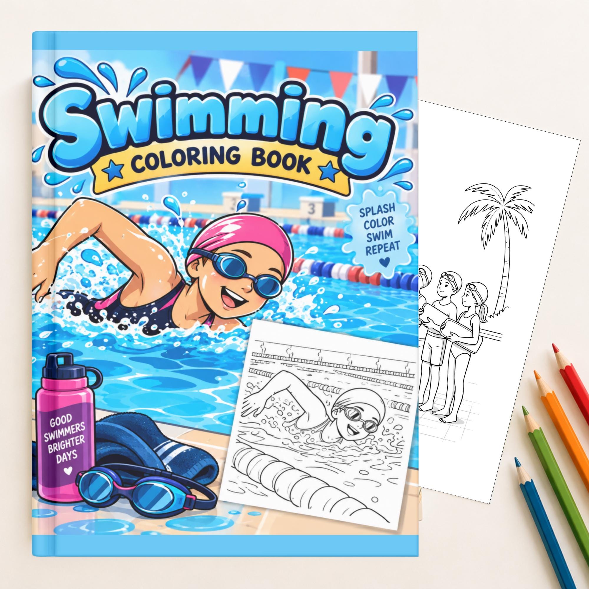 Swimming Coloring Book, Printable Coloring Pages for Kids Ages 4–8, Fun Activity, Instant Download PDF