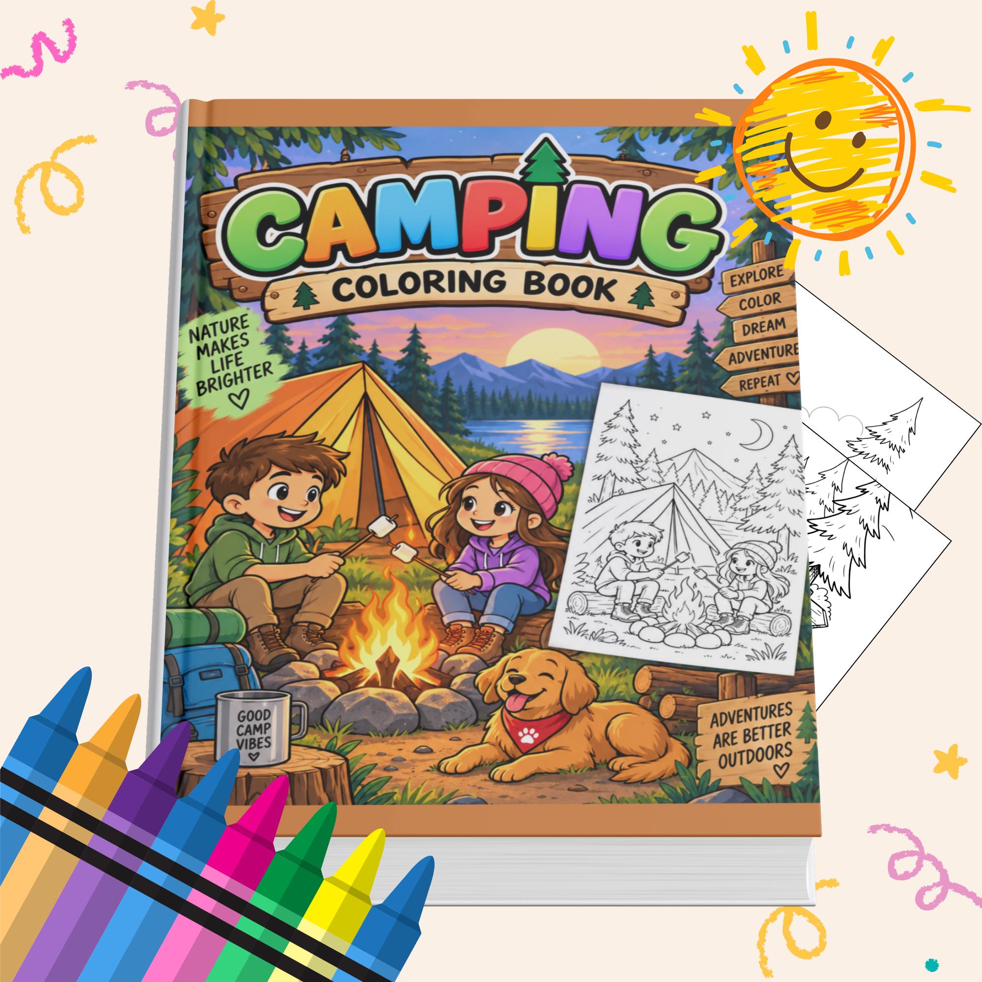 Camping Coloring Book, Printable Coloring Pages for Kids And Families, Fun Activity, Instant Download PDF