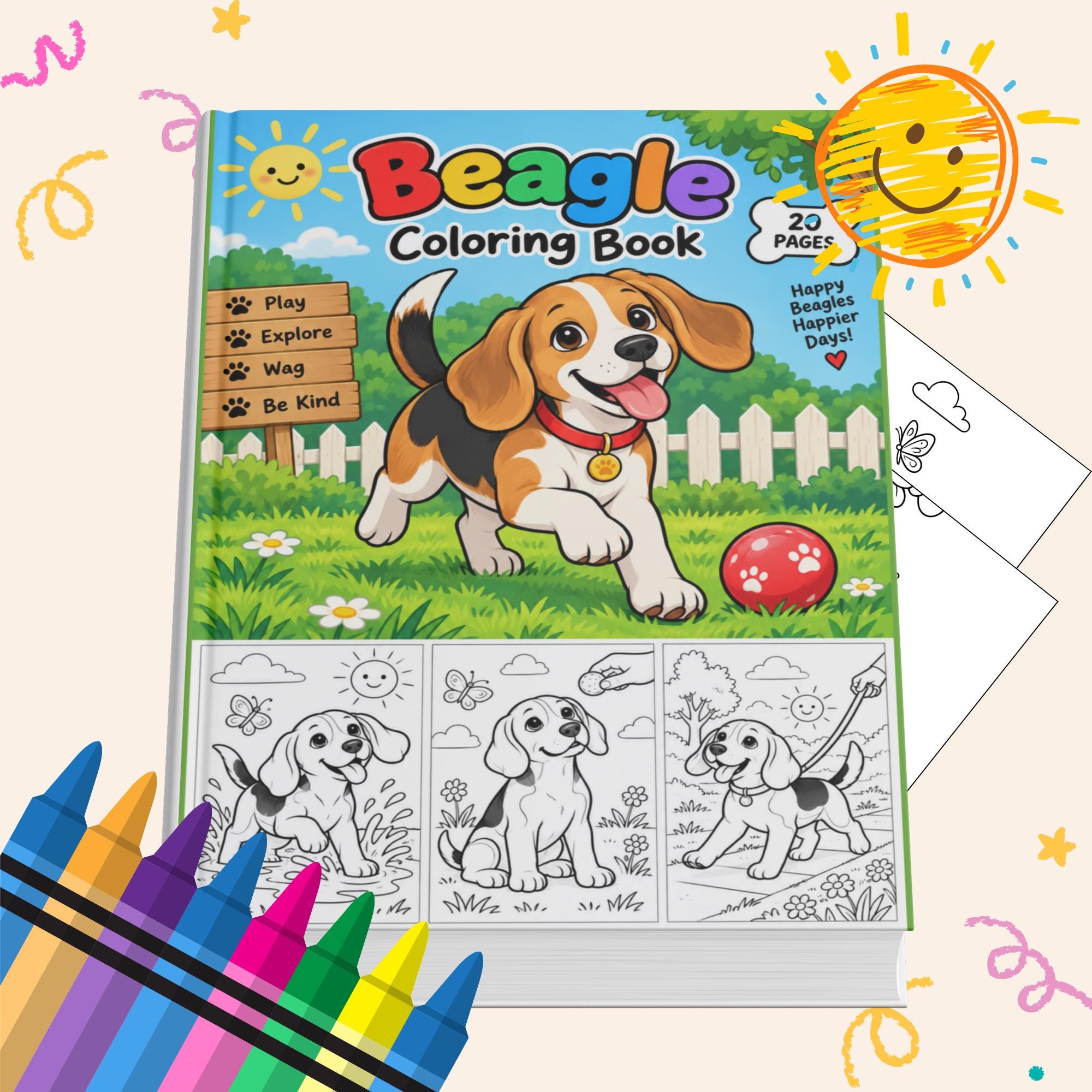 Beagle Coloring Book for Kids, Cute Animal Coloring Pages, Printable Activity, Instant Download PDF