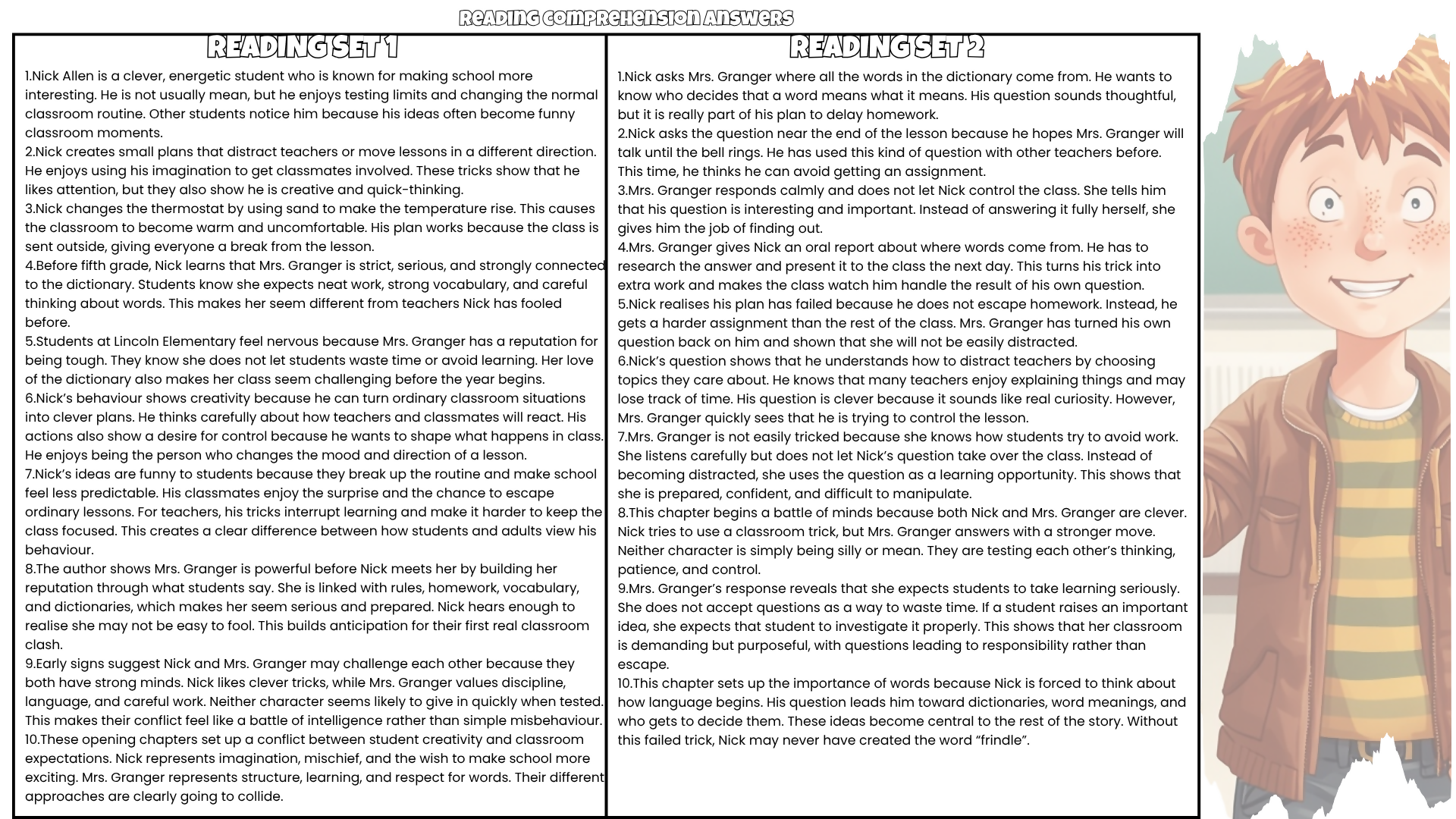Frindle Comprehension Questions and Answer Key PDF | Andrew Clements Novel Worksheets for Grades 3–6