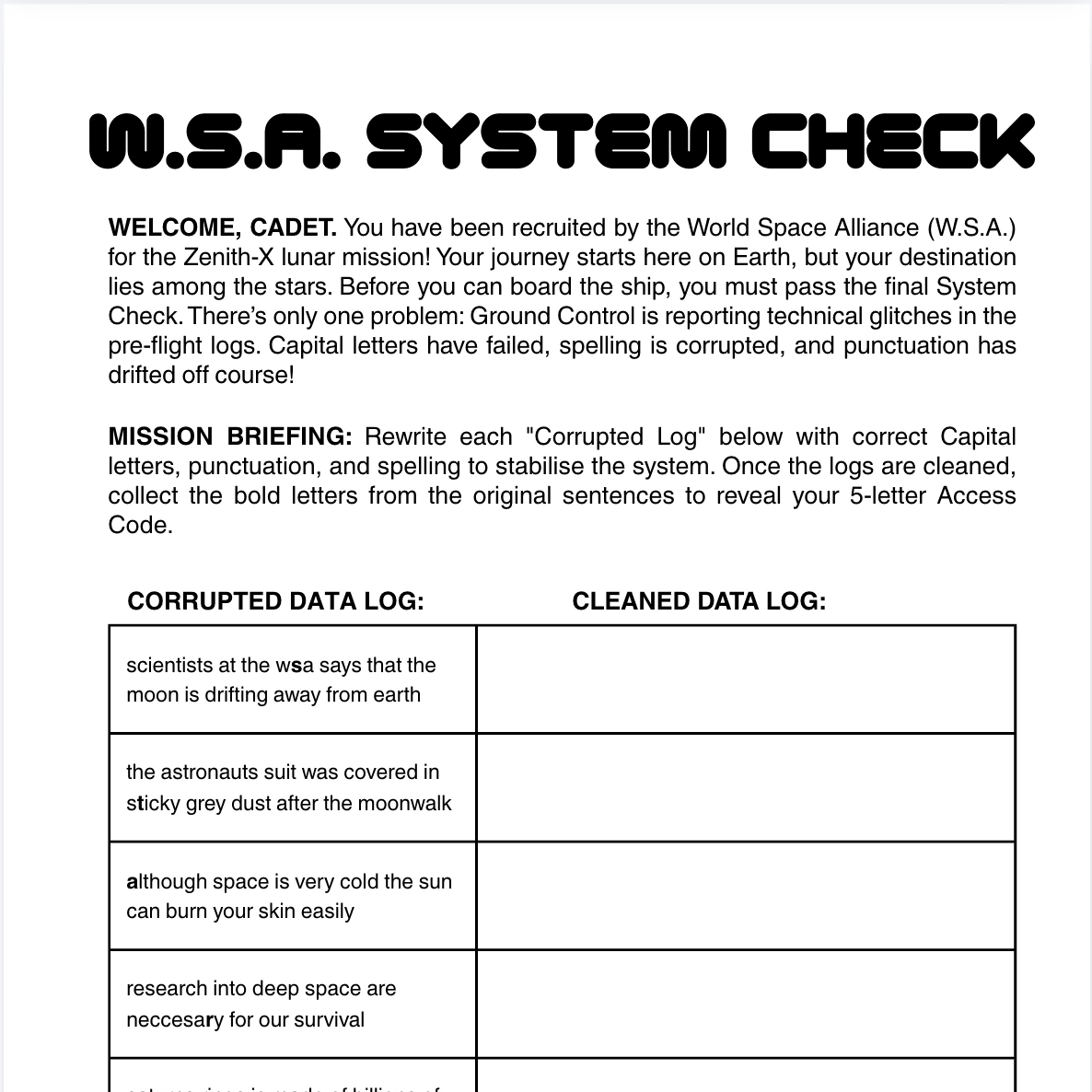 FREE Space Fix the Sentences Activity | Grammar Editing Worksheet | Years 5–6
