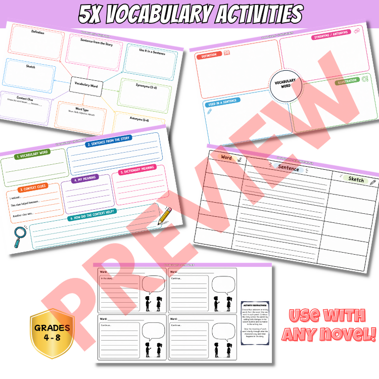 Any Book Novel Study Activities | Reading, Writing, Character & Vocabulary Activities | Years 4–8 | PDF