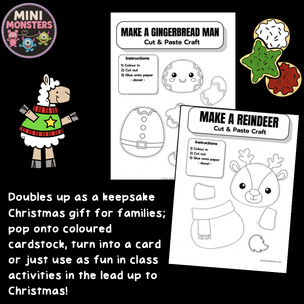 Prep Year 1 Year 2 Christmas Cut and Paste Crafts Santa Elf Reindeer Snowman Gingerbread