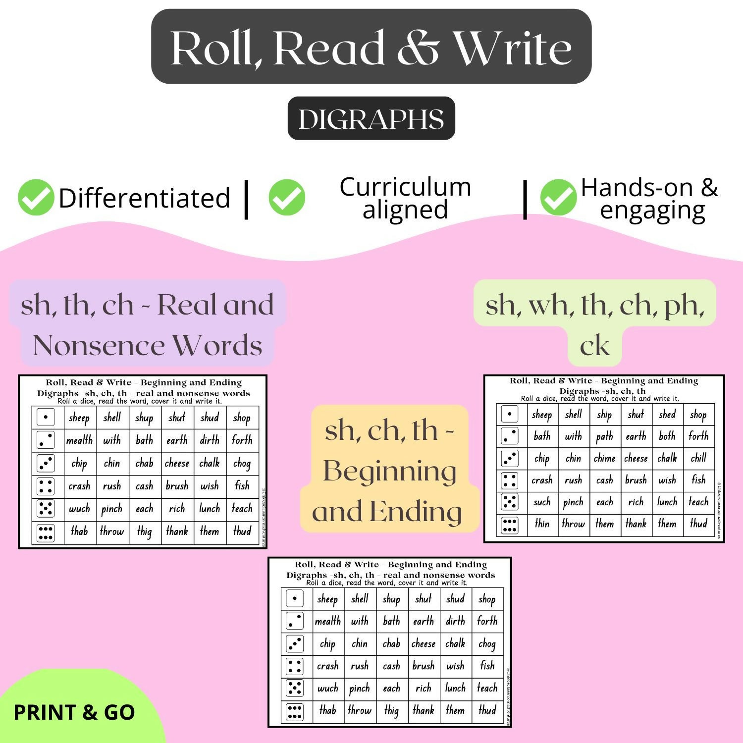 Roll, Read & Write Digraphs – Phonics Activities (sh, ch, th, wh, ph, ck) | Literacy Based Game | Printable