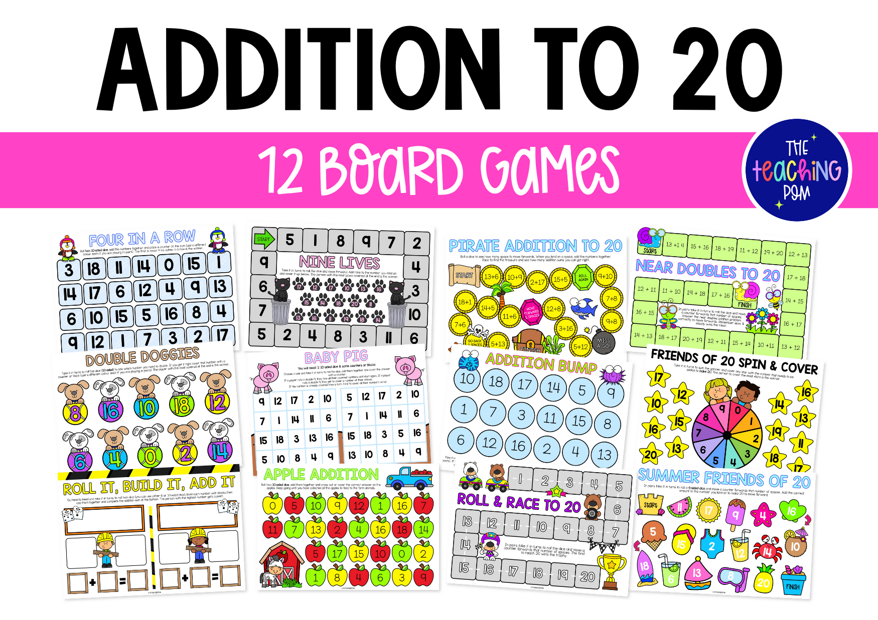 Addition to 20 Board Games | Addition Strategy Games | Math Centers | Addition to 10 & 20 Fluency Practise