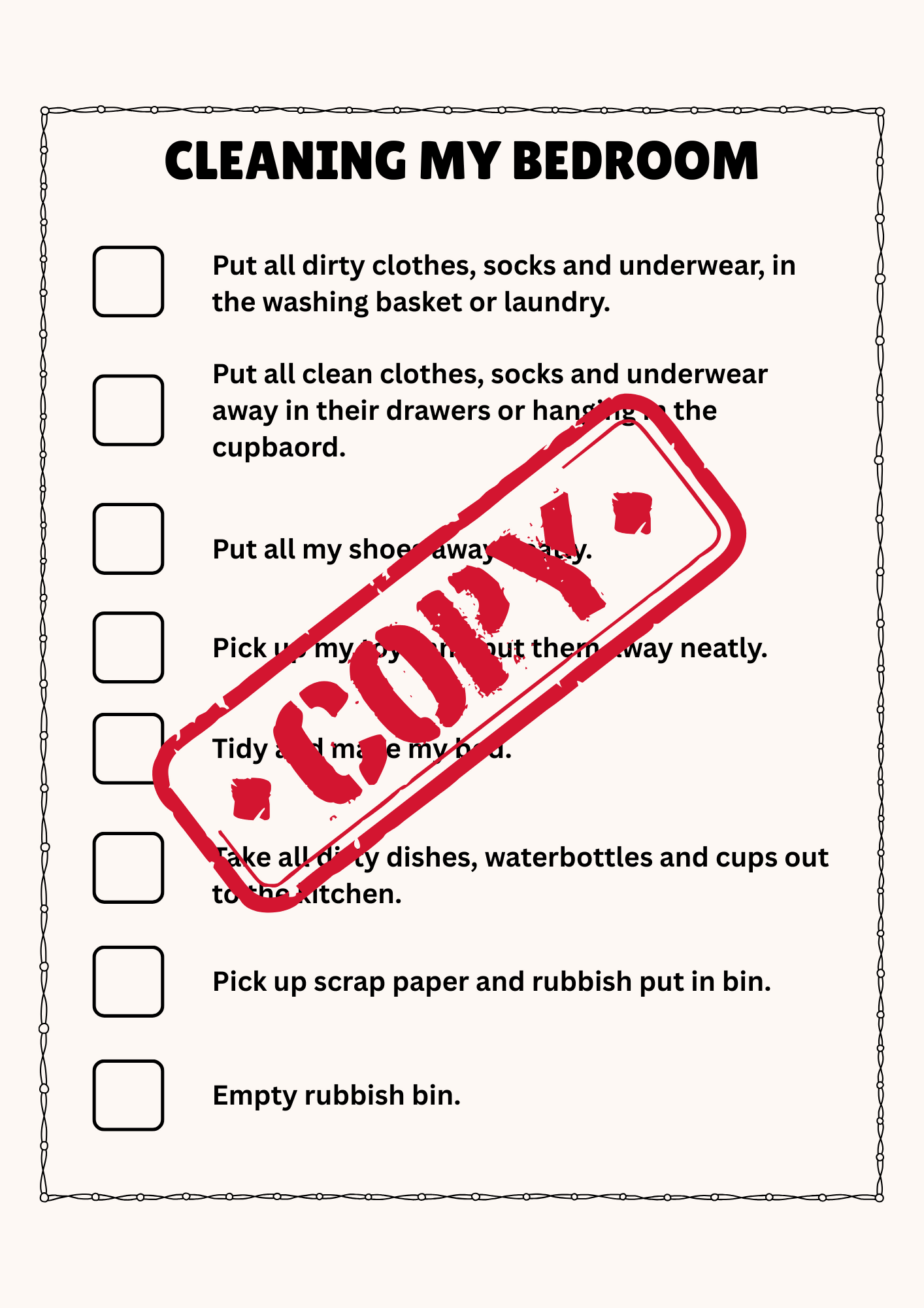 Cleaning My Bedroom Checklist