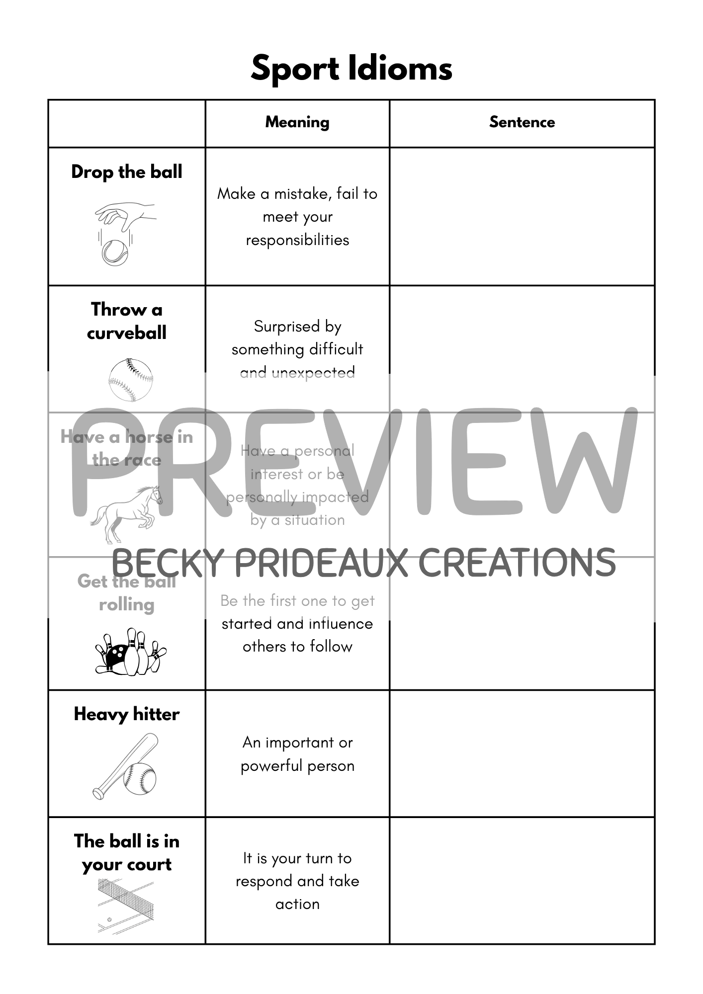 Sport Idioms Worksheet Bundle (6 Pages)