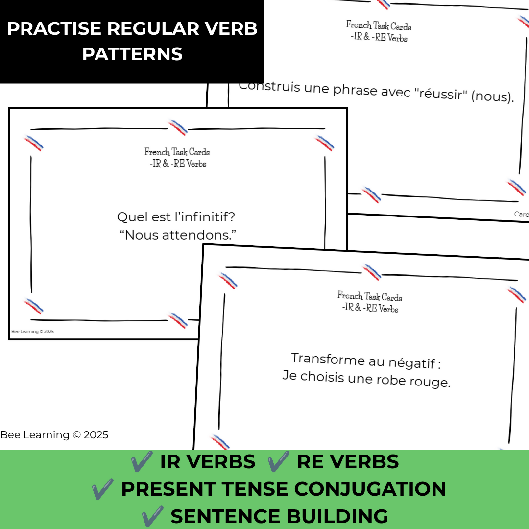 French IR & RE Verbs Present Tense Activities | Task Cards & Conjugation