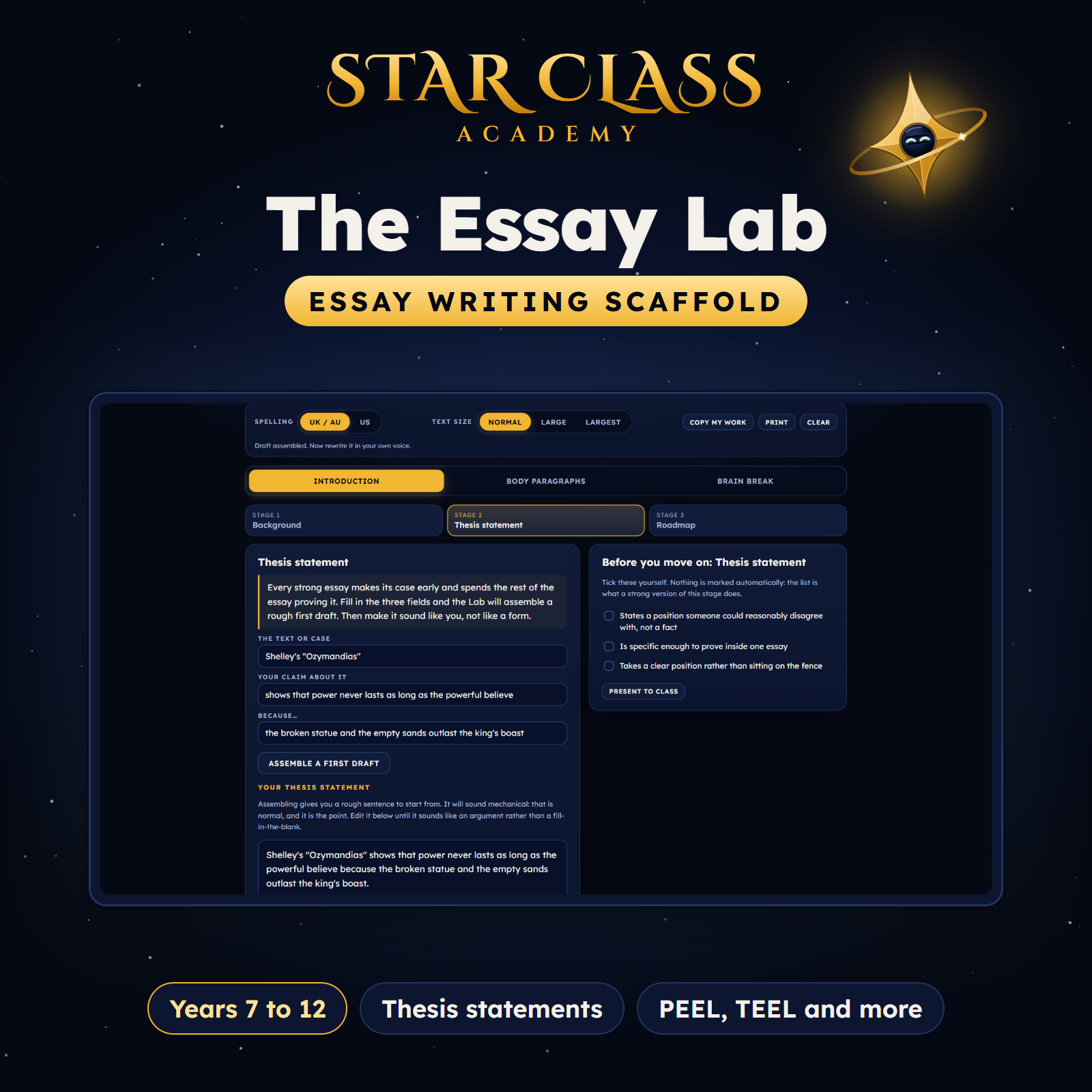 Essay Writing Scaffold | Thesis Statement, PEEL & TEEL Paragraphs | Years 7 to 12