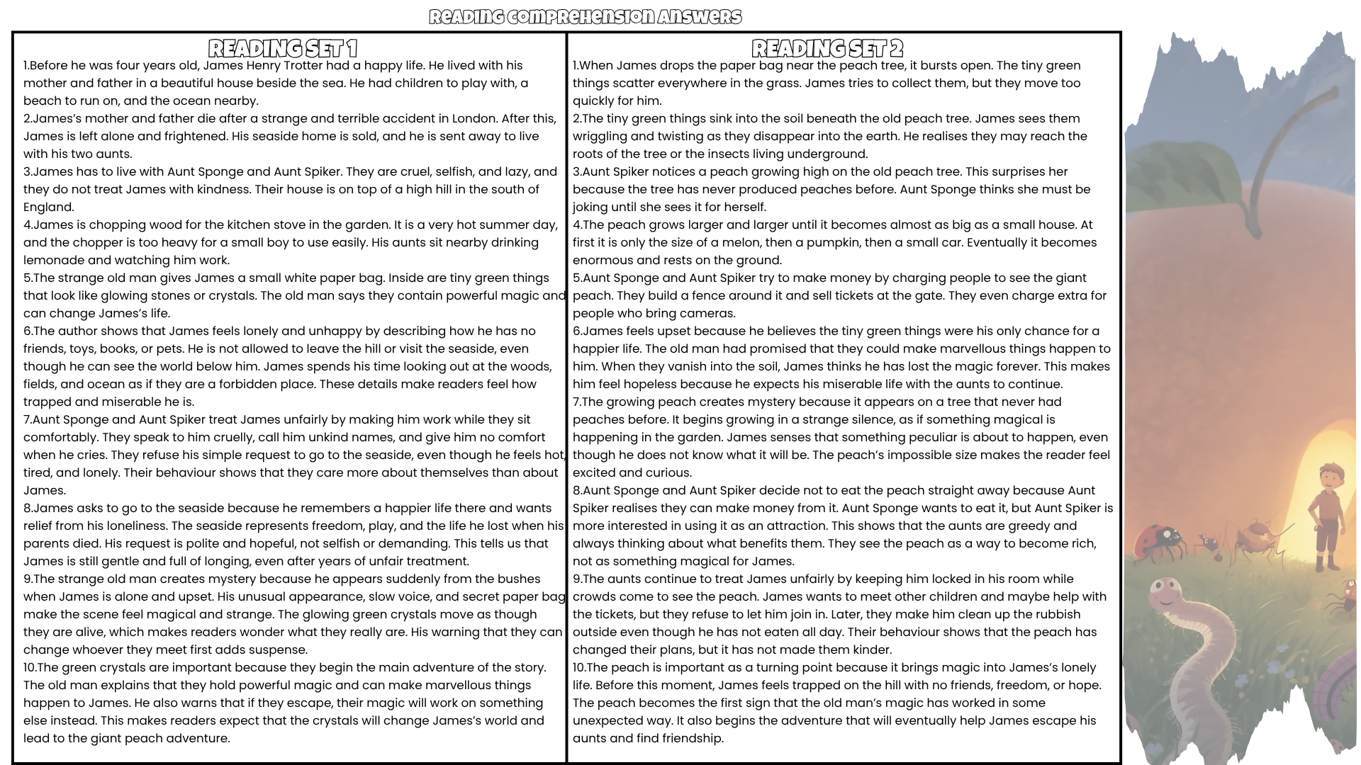 James and the Giant Peach Reading Comprehension Worksheets | 100 Questions + Answers | Years 3–5