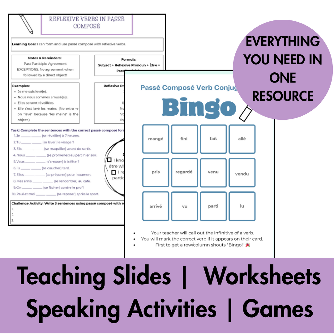 French Perfect Tense Passé Composé: Notes, Worksheets, Oral activities & Games