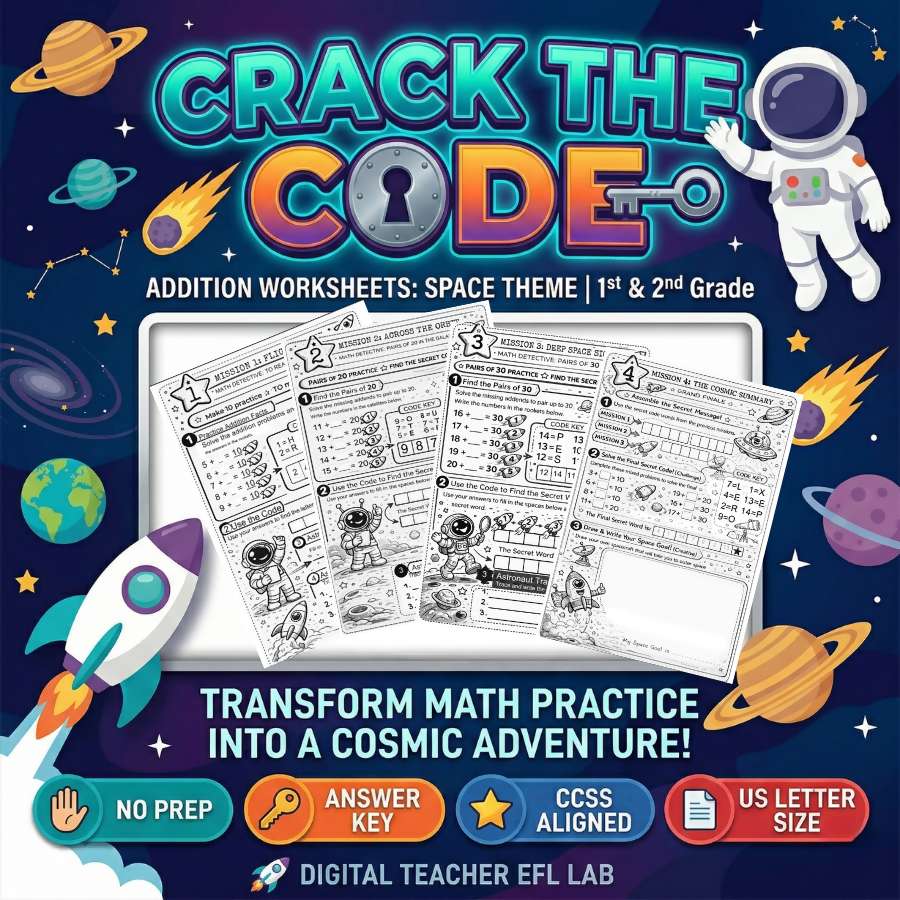 Crack the Code Addition Worksheets: Space Theme 1st & 2nd Grade