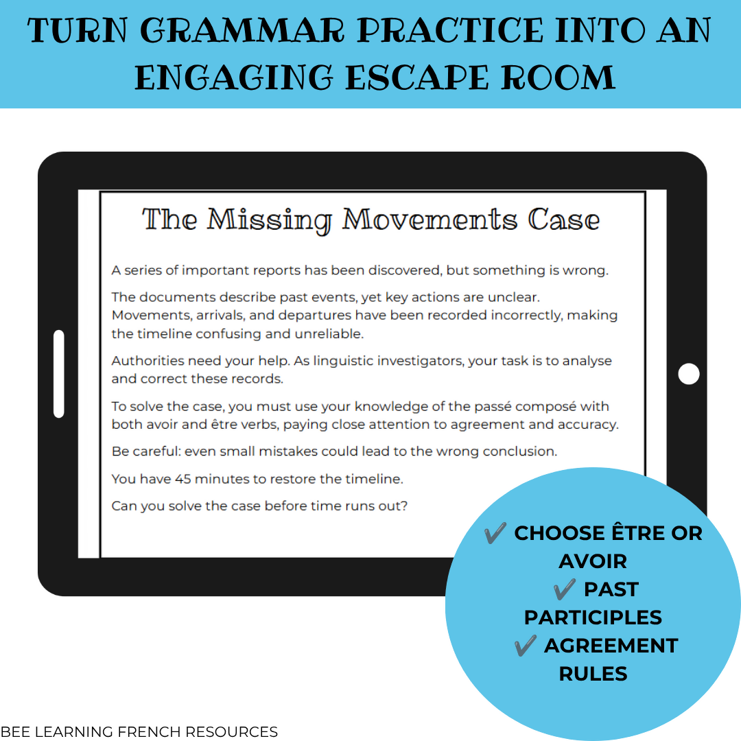 French Passé Composé Escape Room: Être vs Avoir Grammar Activity | Year 8–10 | No Prep