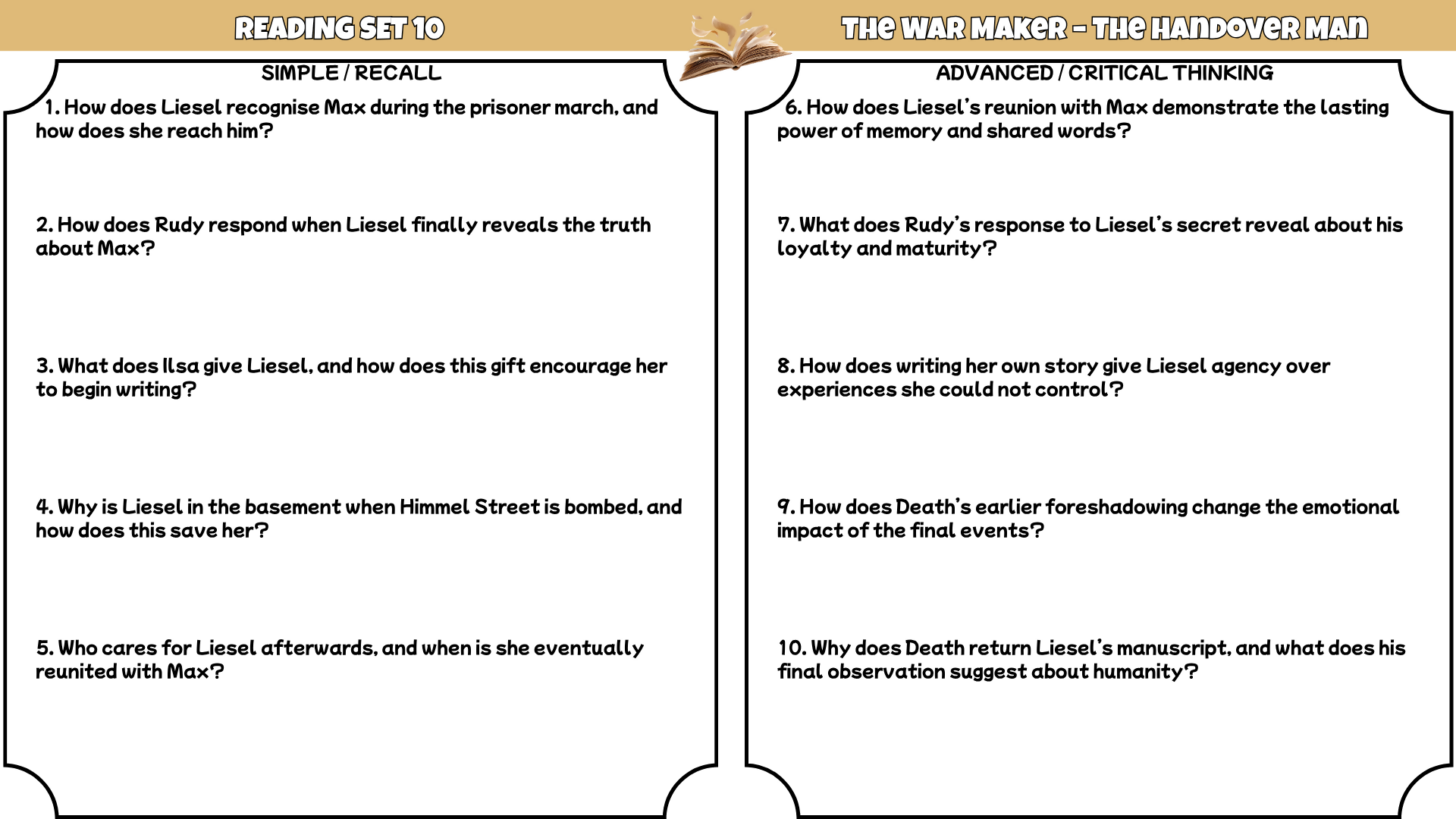 The Book Thief Novel Study Reading Comprehension PDF | 100 Questions + Answer Key | Year 7–9