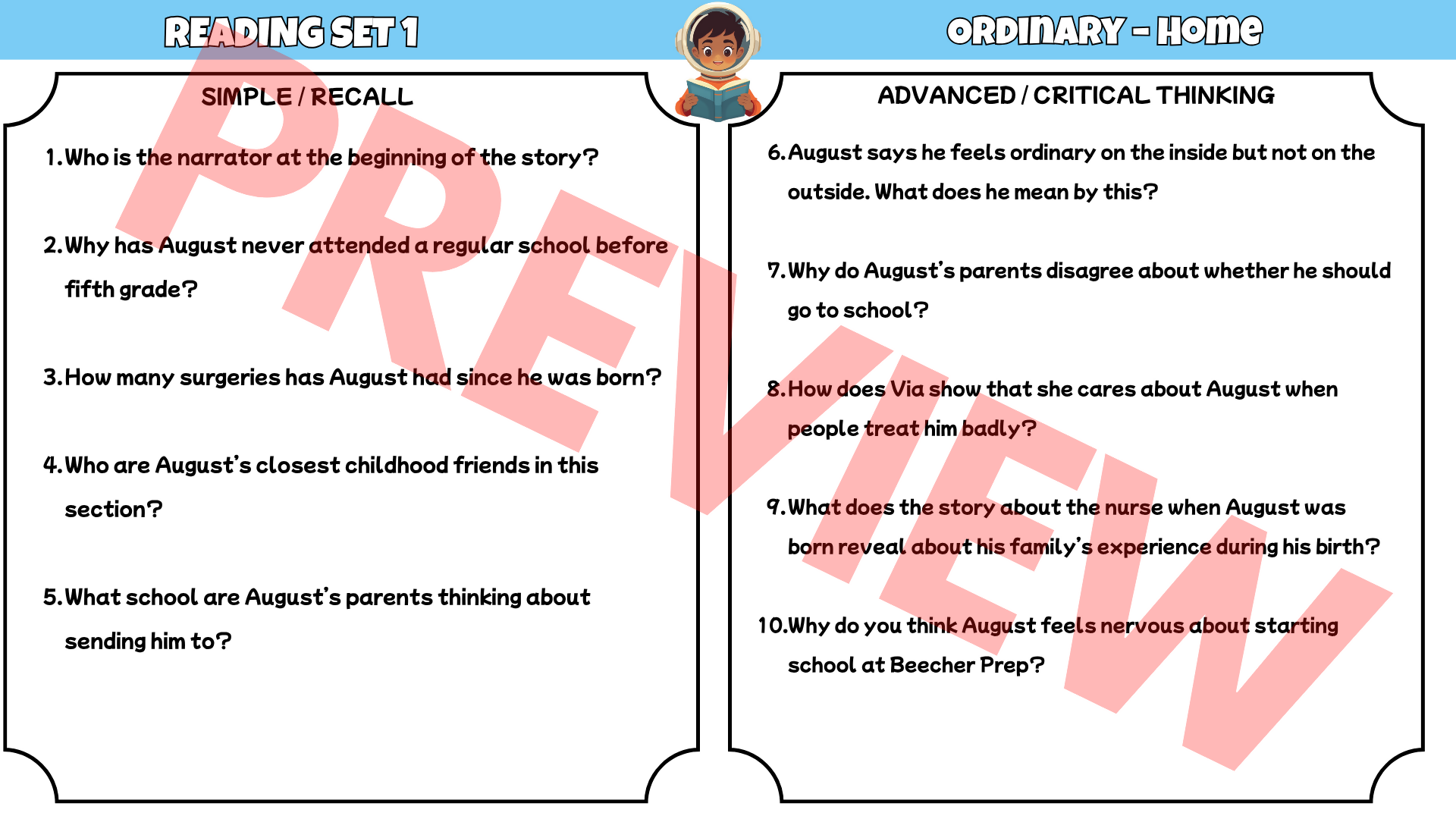 Wonder Reading Comprehension Questions & Answers | Printable Worksheets PDF | 10 Reading Sets | Grades 3–6