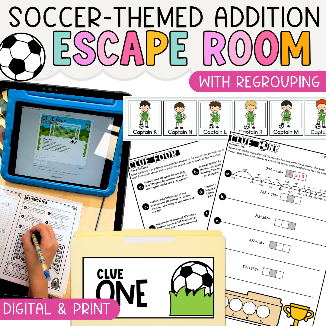 Addition Strategies Escape Room | Soccer-Themed No Regrouping Additive Revision