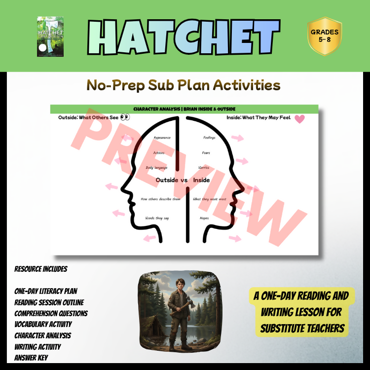 Hatchet No-Prep Sub Plan | Novel Study Literacy Lesson | Years 5–8 PDF |