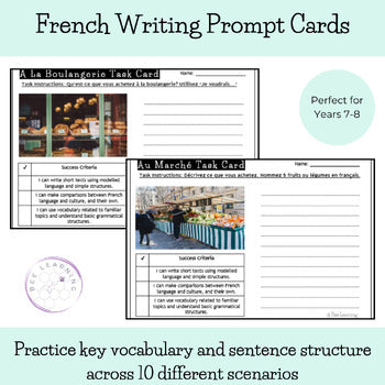 French Writing Prompts with Photo Task Cards | Beginner | Year 7–8
