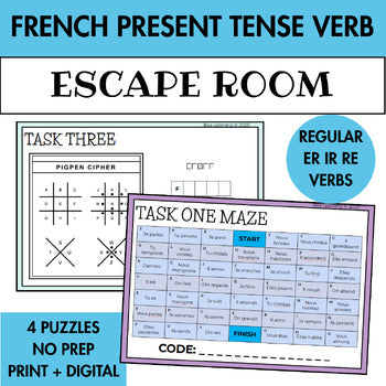 French Escape Room Present Tense | Regular Verbs -ER -IR -RE | Year 7–8 | Print & Digital