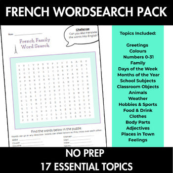 French Word Searches | Beginner Vocabulary Worksheets | No Prep | 17 Topics | Year 7–8