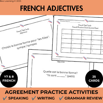 French Adjectives Activities | Agreement Practice Task Cards | Year 7–8