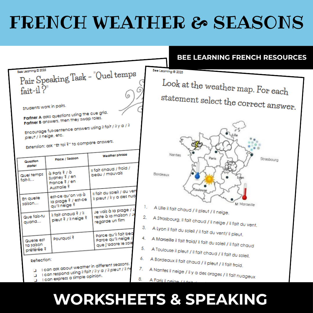 Beginner French Topics Bundle | Weather, Seasons & Reading