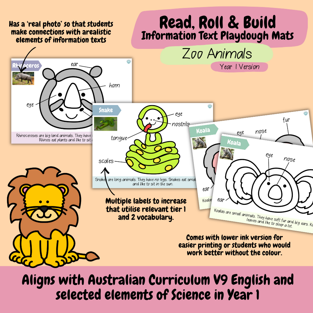 Read, Roll & Build | Year 1 Information Text Playdough Mats | Zoo Animals