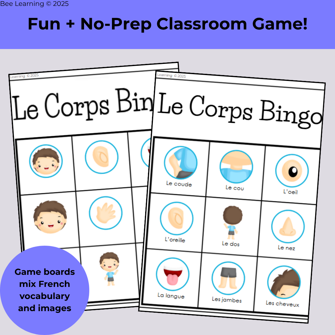 French Body Parts Bingo Game | Parties du Corps Vocabulary Jeux | Year 7–8