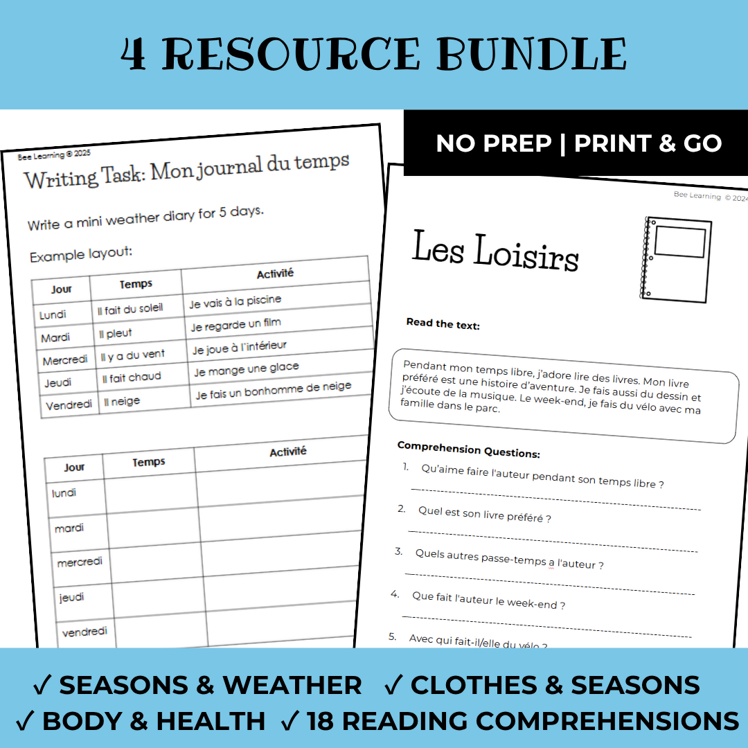 Beginner French Topics Bundle | Weather, Seasons & Reading