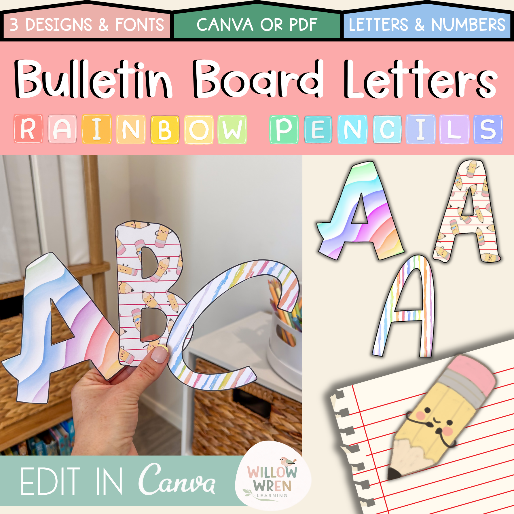Rainbow Pencils Bulletin Board Letters | Editable Lettering Pack Decor Colourful