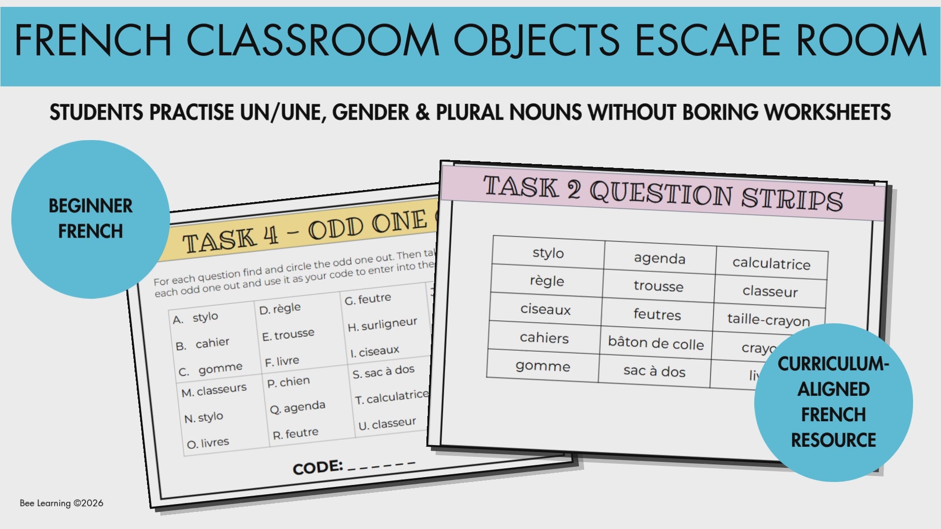 French Classroom Objects Escape Room | Gender & Plural Nouns | Year 7–8 | Print & Digital
