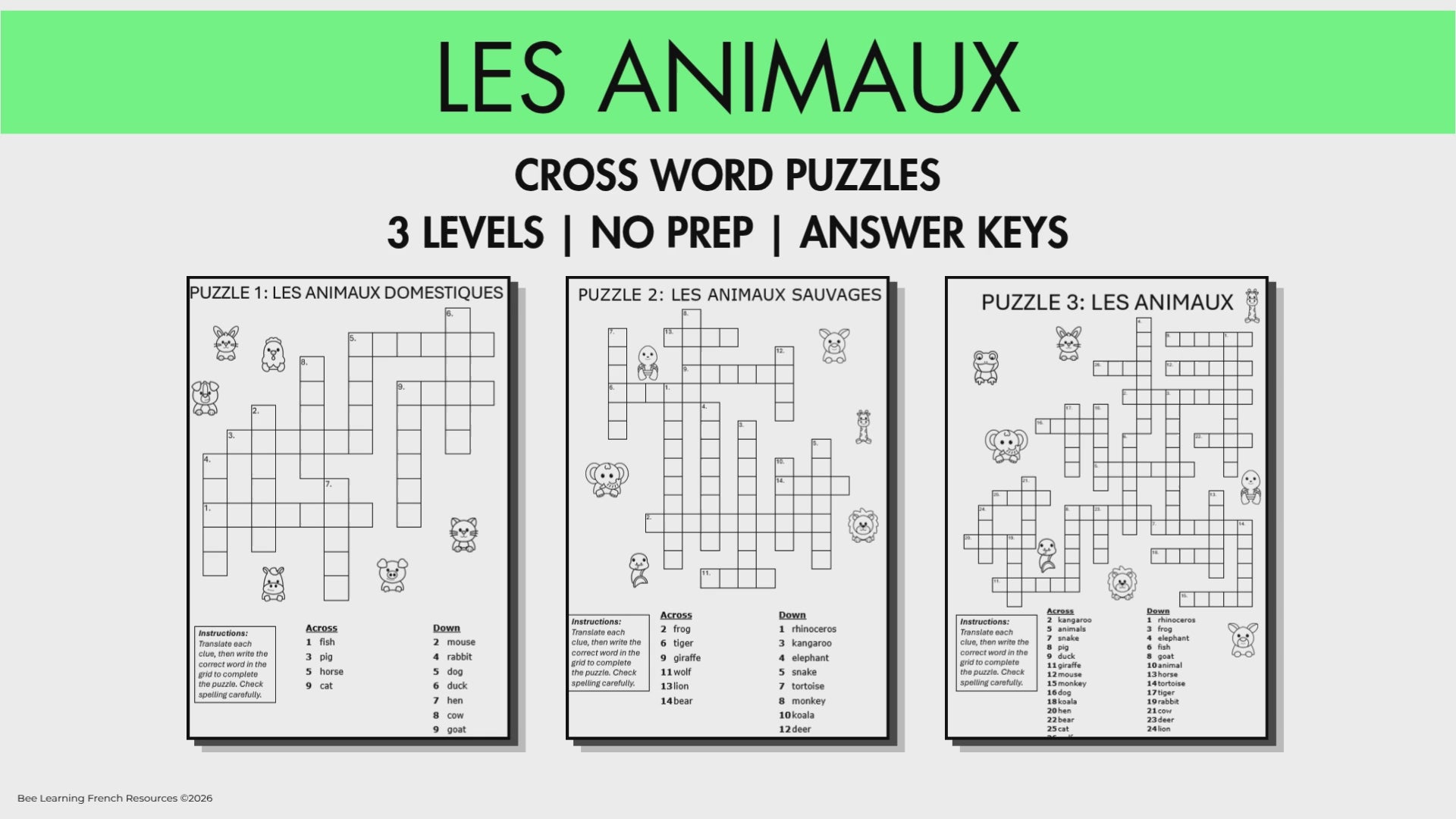 French Animals Vocabulary Activities | Les Animaux Criss Cross Puzzles | Year 7–8