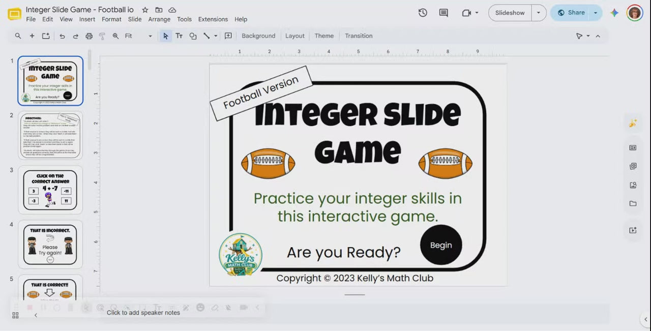 Football-Themed Integer Slide Game - Google Slides and Power Point