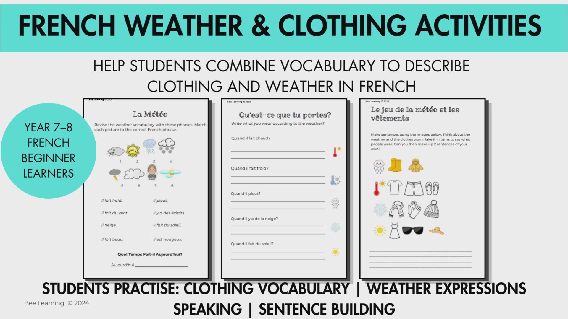 French Weather and Clothing Activities | Vocabulary & Sentence Building | Year 7–8
