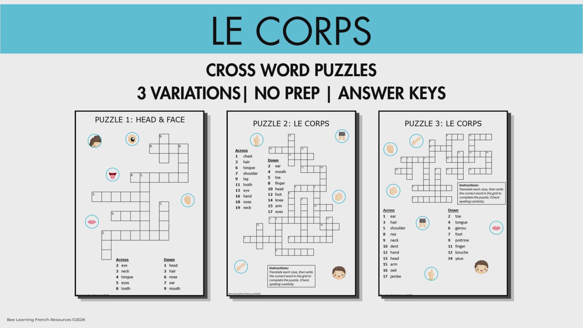 French Body Parts Vocabulary Activities | Les Parties du Corps Criss Cross Puzzles | Year 7–8