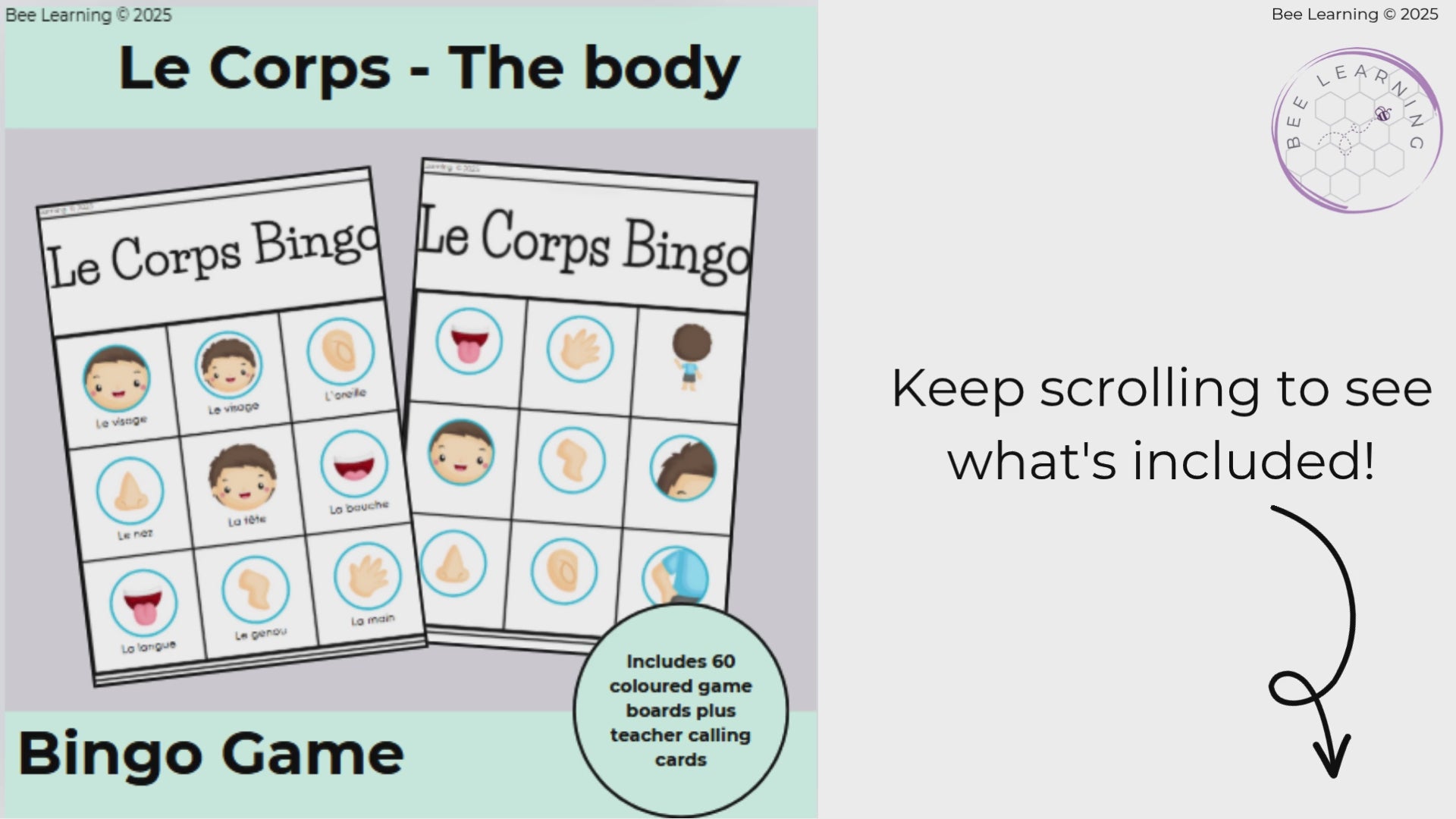 French Body Parts Bingo Game | Parties du Corps Vocabulary Jeux | Year 7–8